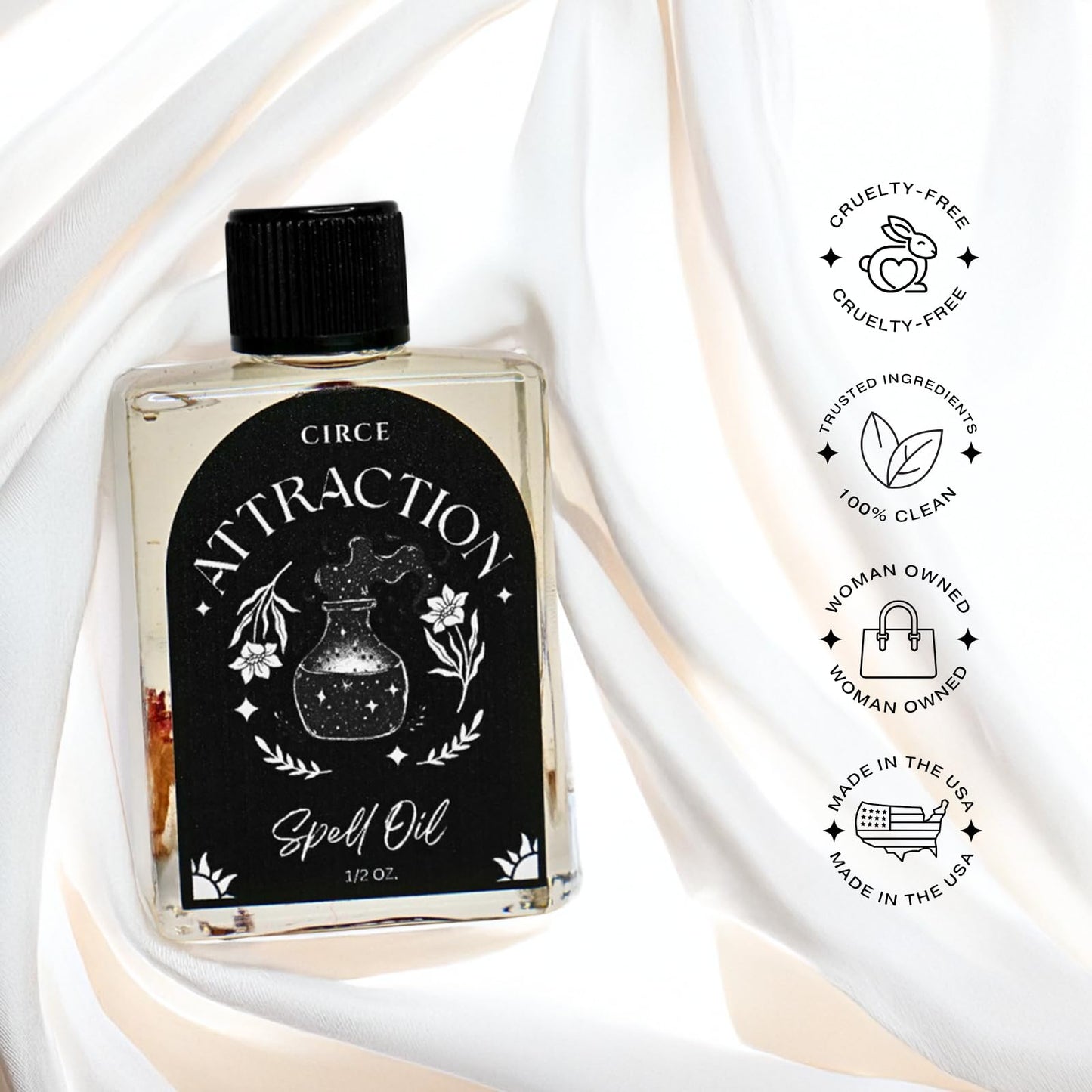 CIRCE Attraction Spell Oil - Enhance Magnetic Energy, Invite Positivity & Love - Add to Bath, Use in Rituals, Wear as Fragrance to Align w/Desires - Rose Petals, Cinnamon Chips & Grapeseed Oil- 1/2oz