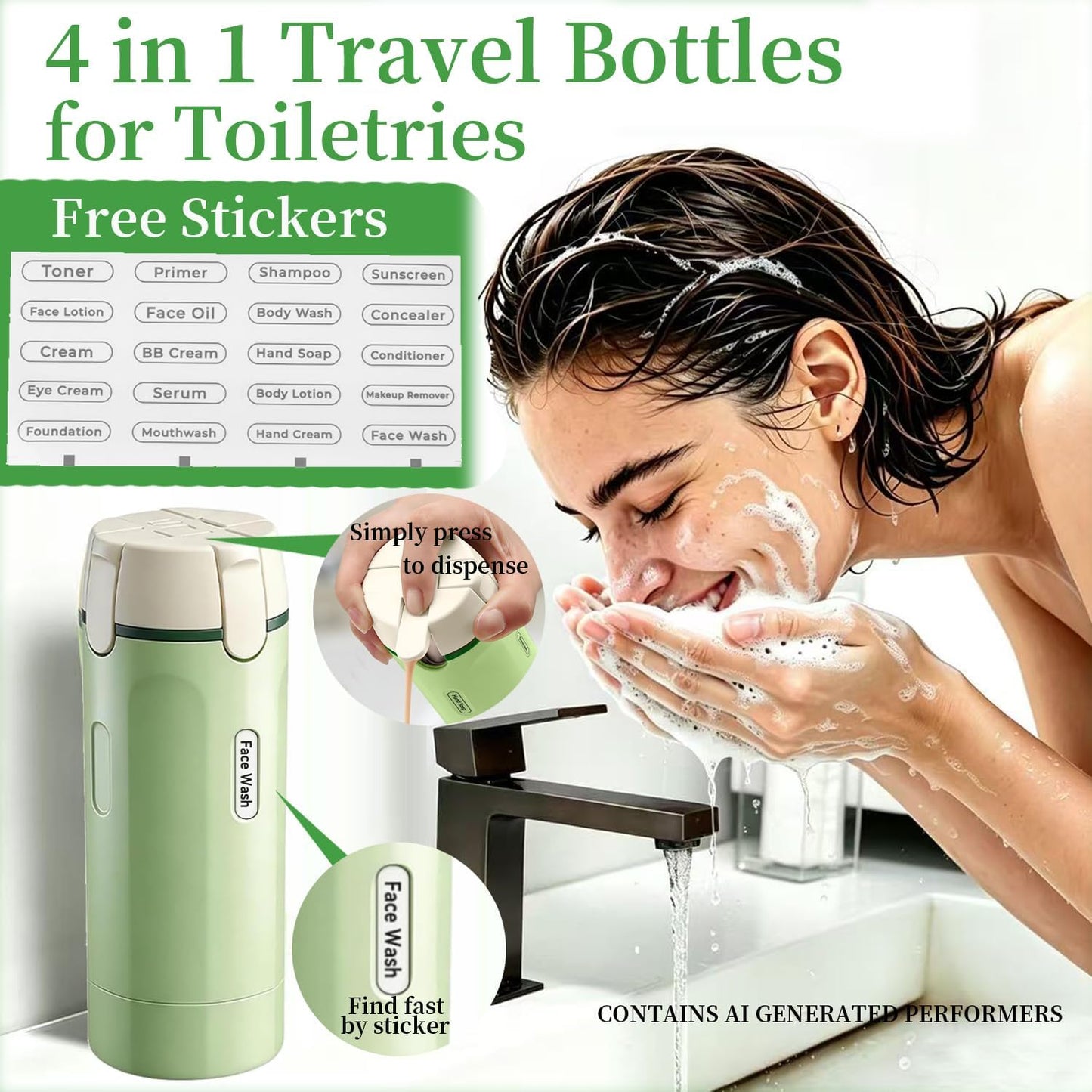 Travel Toiletry Dispenser Set - 4 Pack 30ML Refillable Leak-Proof Bottles for Shampoo & Shower Gel | Green