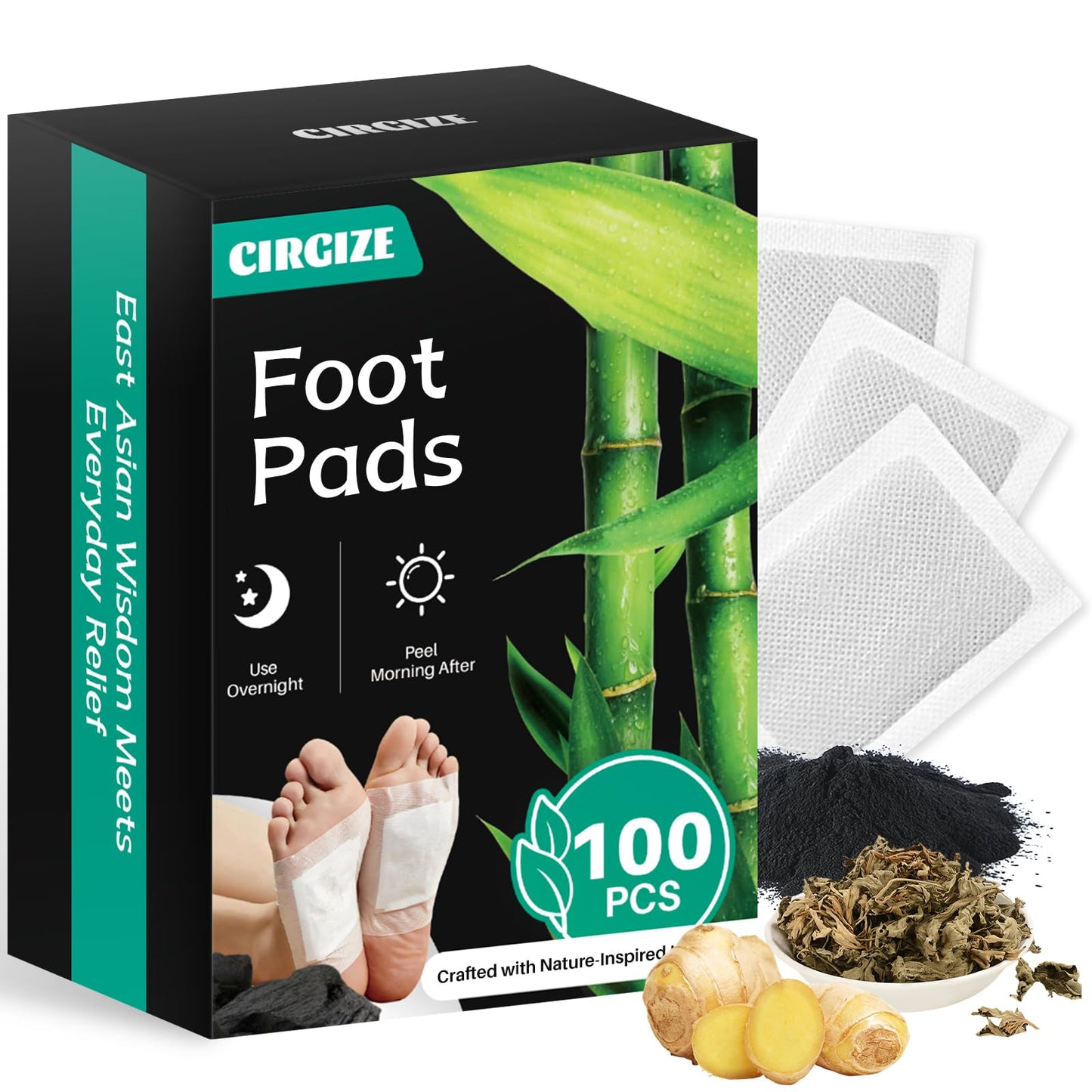 CIRGIZE 100-Count Foot Pads, Bamboo Vinegar & Ginger Foot Pads for Sleep Support, Overnight Foot Care | Natural Foot Spa for Daily Wellness | Self-Care Gift for Family & Loved Ones