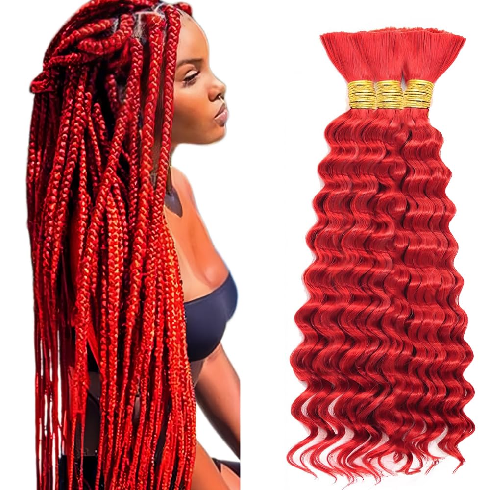 30 30 30 Inch Red Boho Human Hair Braiding Red Human Braiding Hair For Boho Braids Deep Wave Braids Bulk Bohemian 3 Bundles/Pack 150g