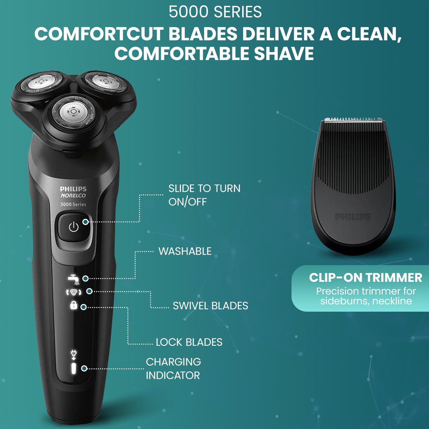 Philips Electric Shavers for Men, Rechargeable AquaTouch Mens Electric Shaver Wet and Dry with Comfort Cut Blades and Click-on Precision Trimmer, Cordless Electric Razors with 5D Flex Head