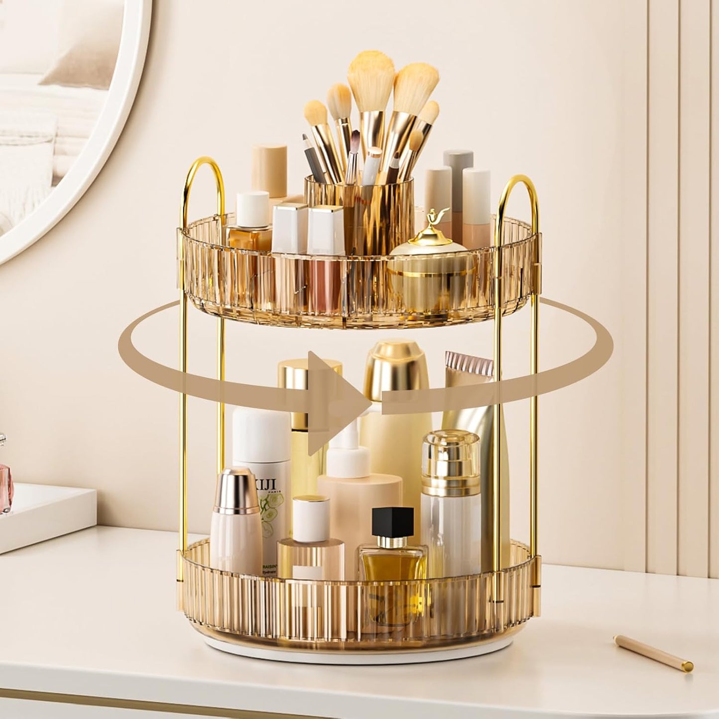 360° Rotating Makeup Organizer - Upgraded 3-Tier Skincare & Perfume Storage | Clear Dresser Organizer with Brush Holder (Amber)