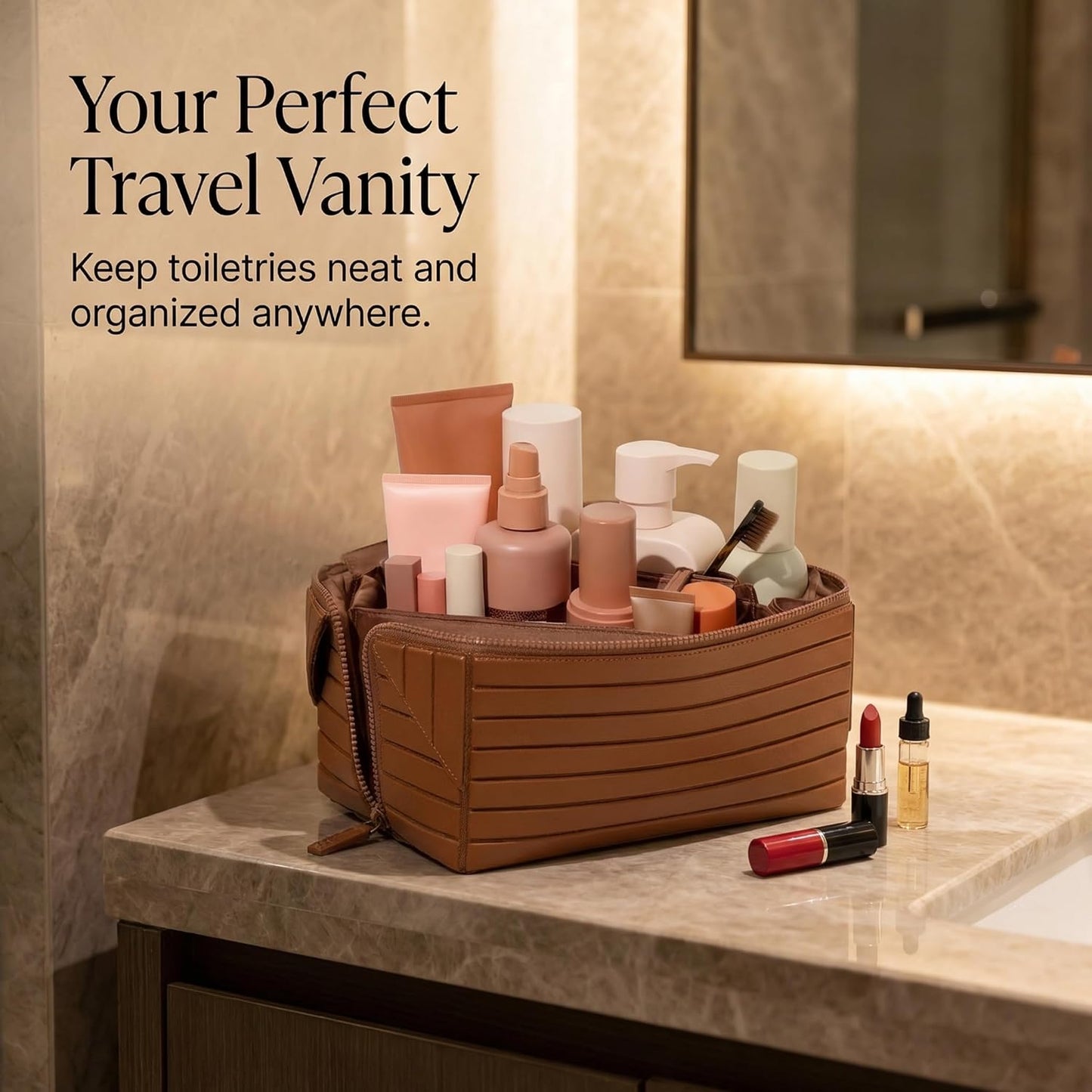 Travel Makeup Bag - Large Capacity Waterproof PU Leather Cosmetic Organizer | Foldable Toiletry Bag with Compartments (Brown)