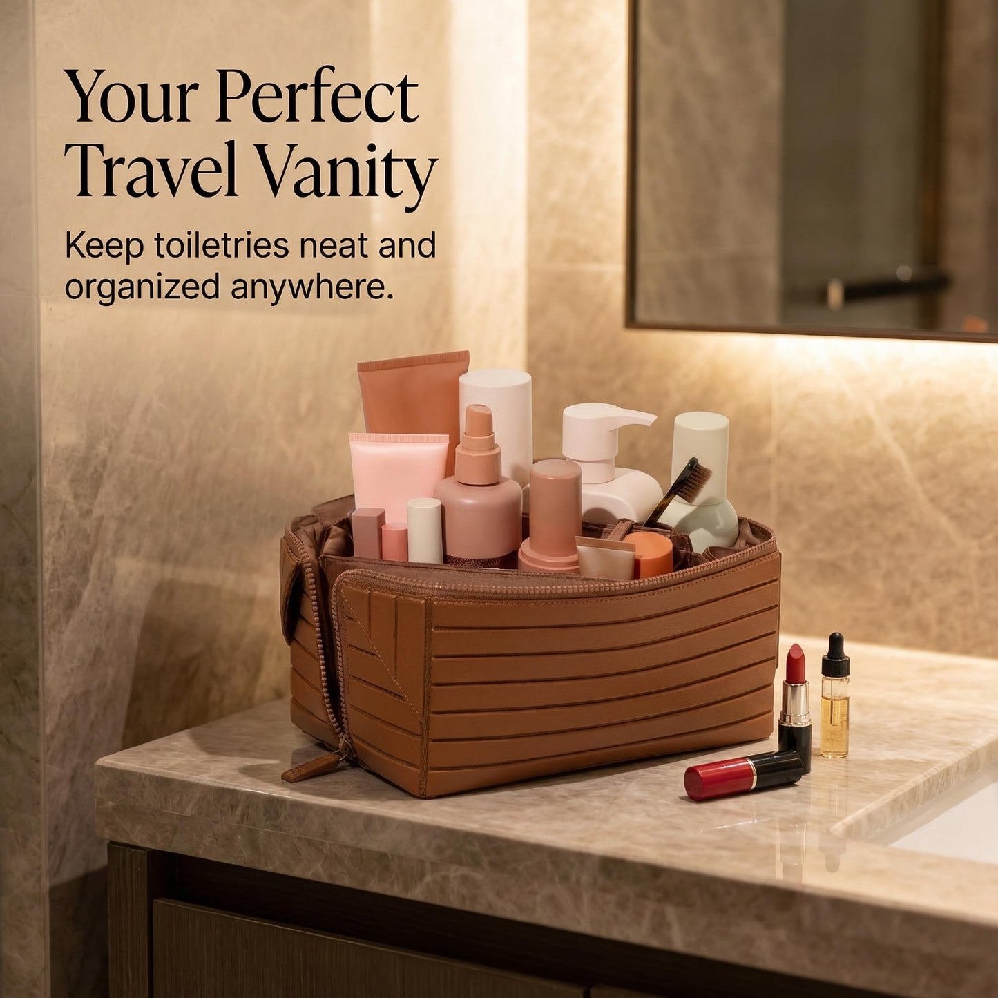 Decumeby Travel Makeup Bag, Large Capacity Fold Down Cosmetic Bag for Women, Waterproof PU Leather, Pull Open Toiletry Bag with Compartments, for Skincare, Brushes & Travel Essentials (Brown)