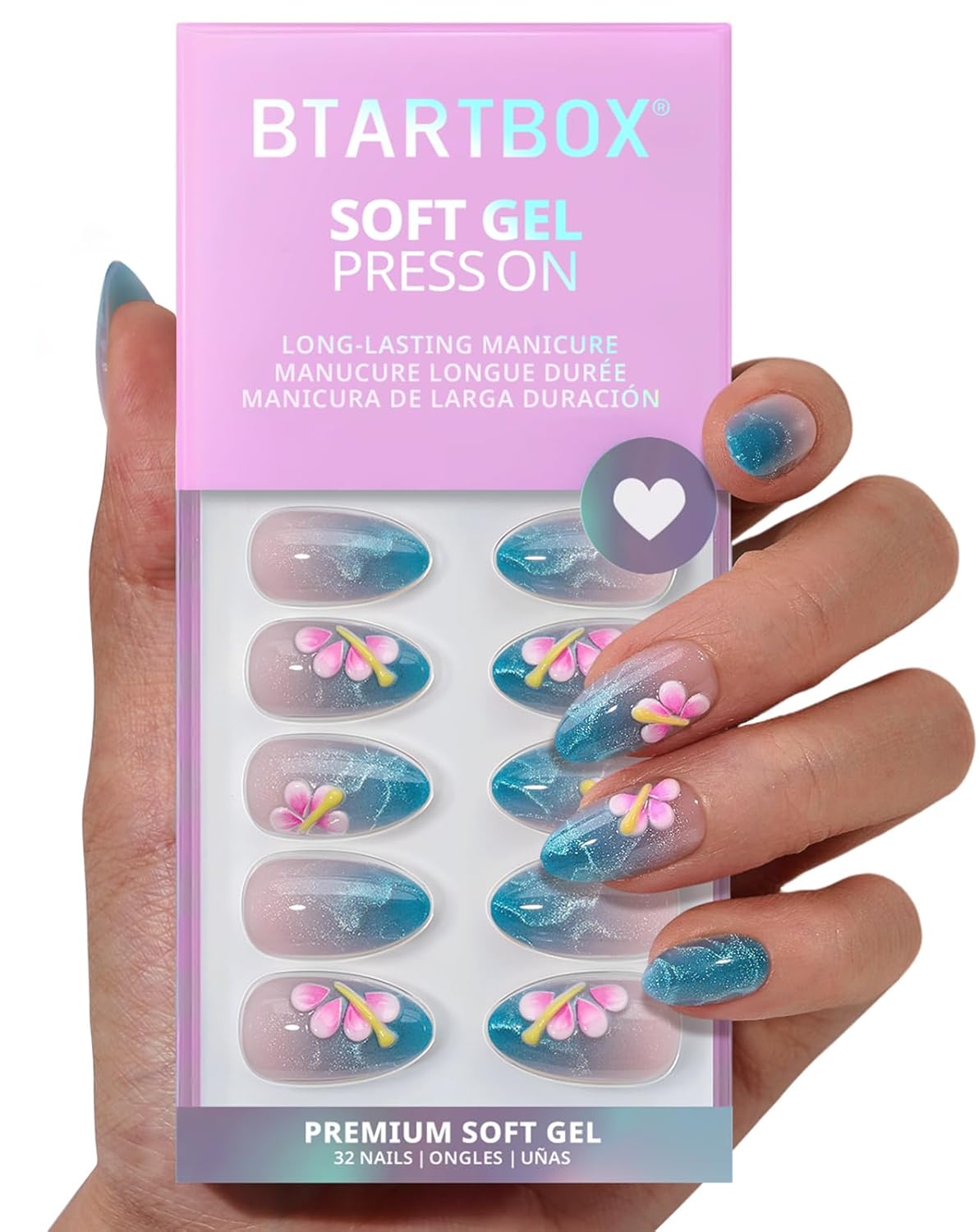 Press On Nails - Blue Holiday Cat Eye Almond with 3D Petals | Easy Application, 16 Sizes, 32 Nails Kit