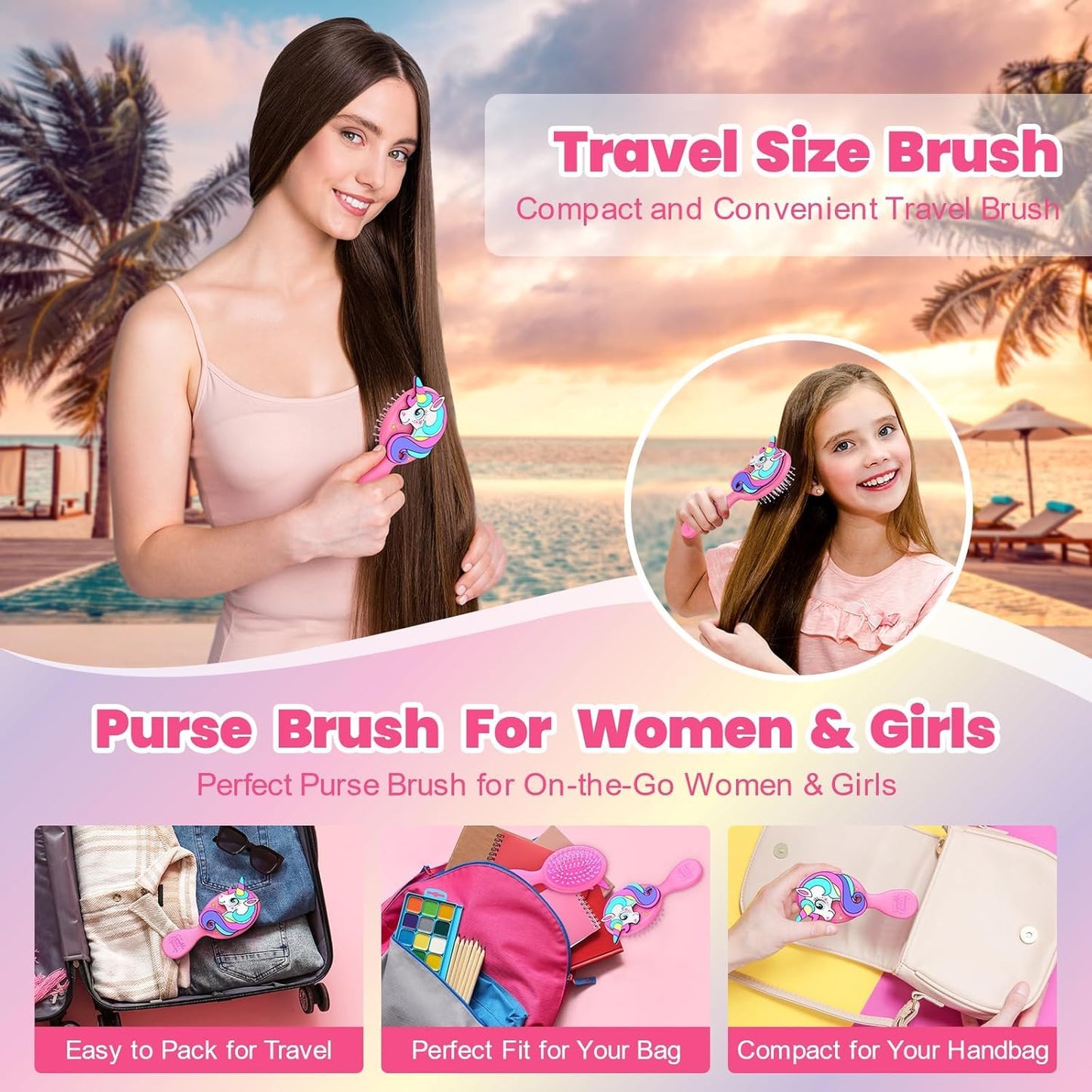 Toddler Hair Brush - Pink Mini Unicorn Detangling Brush for Kids 2-4 | Soft Ball-Tip Bristles, Travel-Friendly
