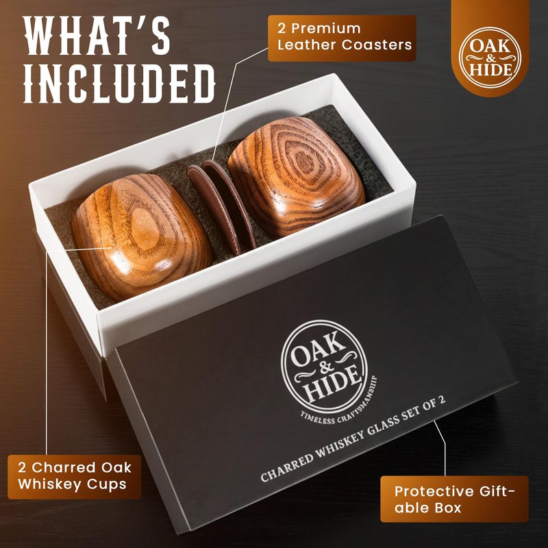 BRGHN Oak & Hide Charred Oak Whiskey Glasses Wooden Set of 2 with 2 Premium Leather Coasters – Perfect Birthday, Anniversary, Bachelor, or Father’s Day Gift for Men