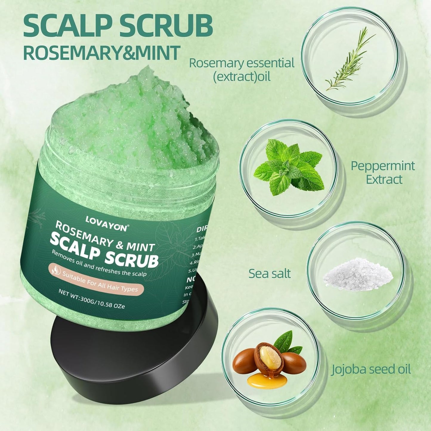 Rosemary Scalp Scrub & Exfoliator | Sea Salt & BHA Treatment with Silicone Massager Brush - 10.58oz for Fuller Hair