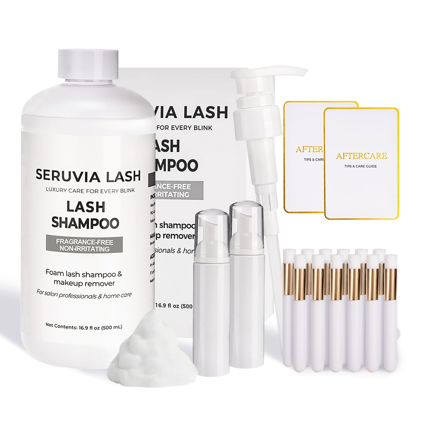 Seruvia Unscented Lash Shampoo Bulk Refill - 500ml Eyelash Extension Cleanser, Oil-Free Lash Wash for Sensitive Eyes (Includes 2 Foaming Bottles, 12 Brushes & 2 Aftercare Cards)