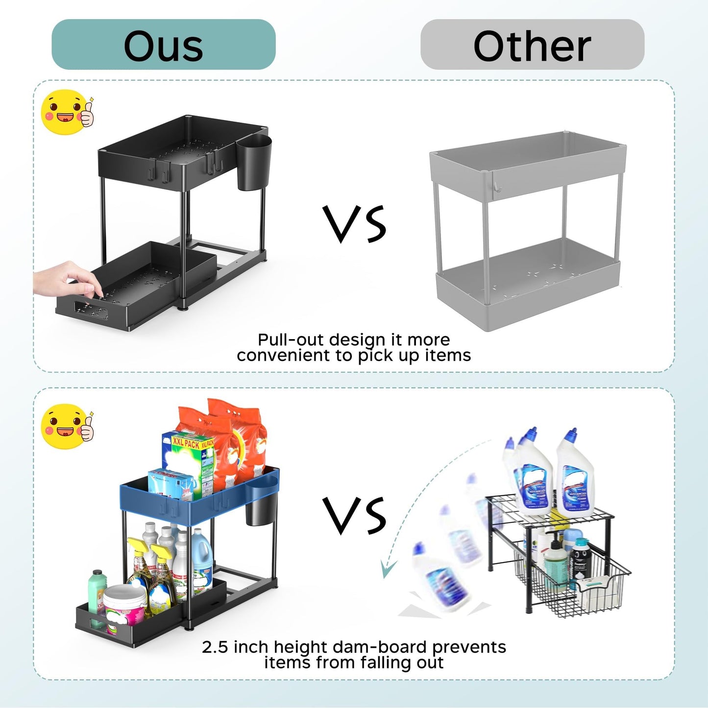 2 Pack Under Sink Organizer with Pull-Out Drawer, 2-Tier Cabinet Storage for Kitchen & Bathroom, Tool-Free Assembly, Fits Cleaning Supplies & Toiletries, Space Saving for Small Cabinets, Black