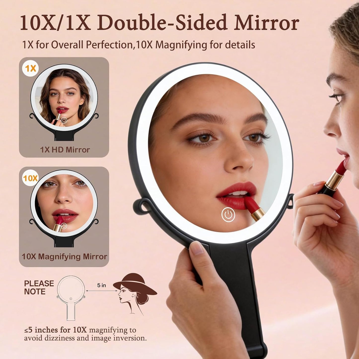 Double-Sided Makeup Mirror with Lights - 10X/1X Magnification, 3 Color Lighting & Adjustable Brightness | Portable Handheld for Desktop & Travel (Black)