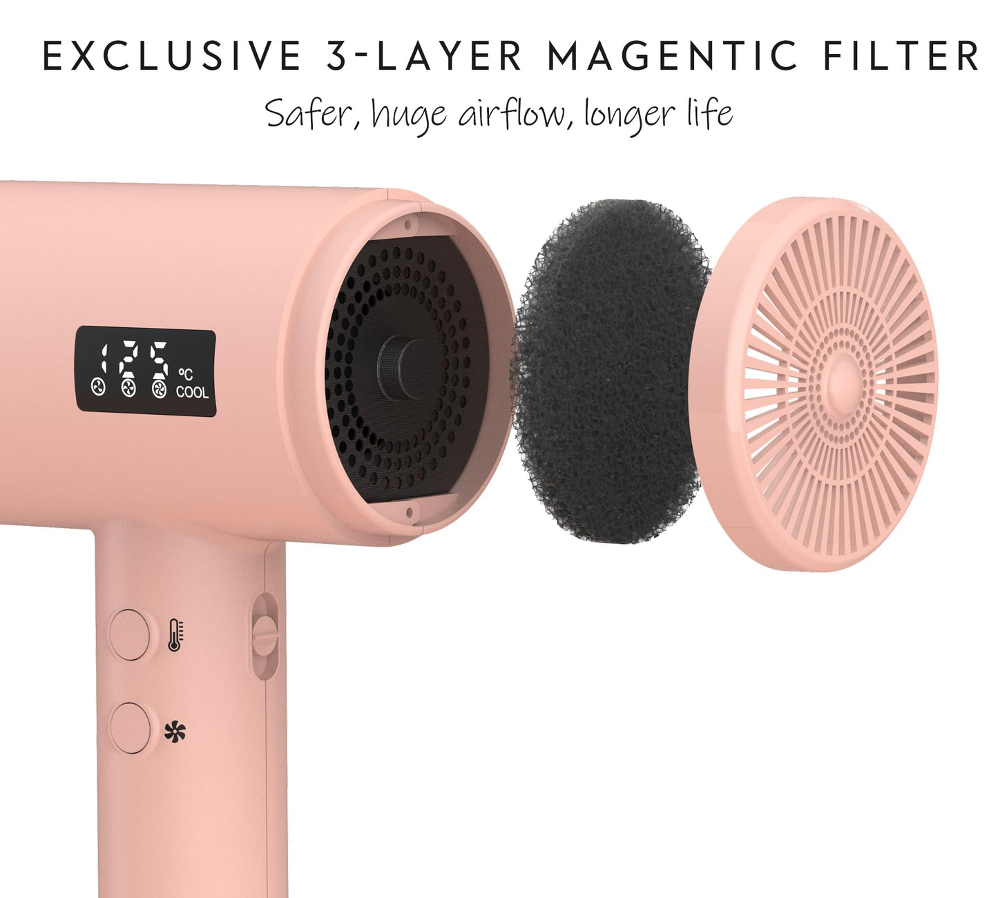 AINA Pro Salon Hair Dryer(New tech),2000W Blow Dryer with Diffuser Comb for Women | BLDC Hair Dryer | Brushless Motor 150,000 RPM | Ionic | LED Display | 4 Magnetic Attachments 110V/ALCI(Baby Pink)