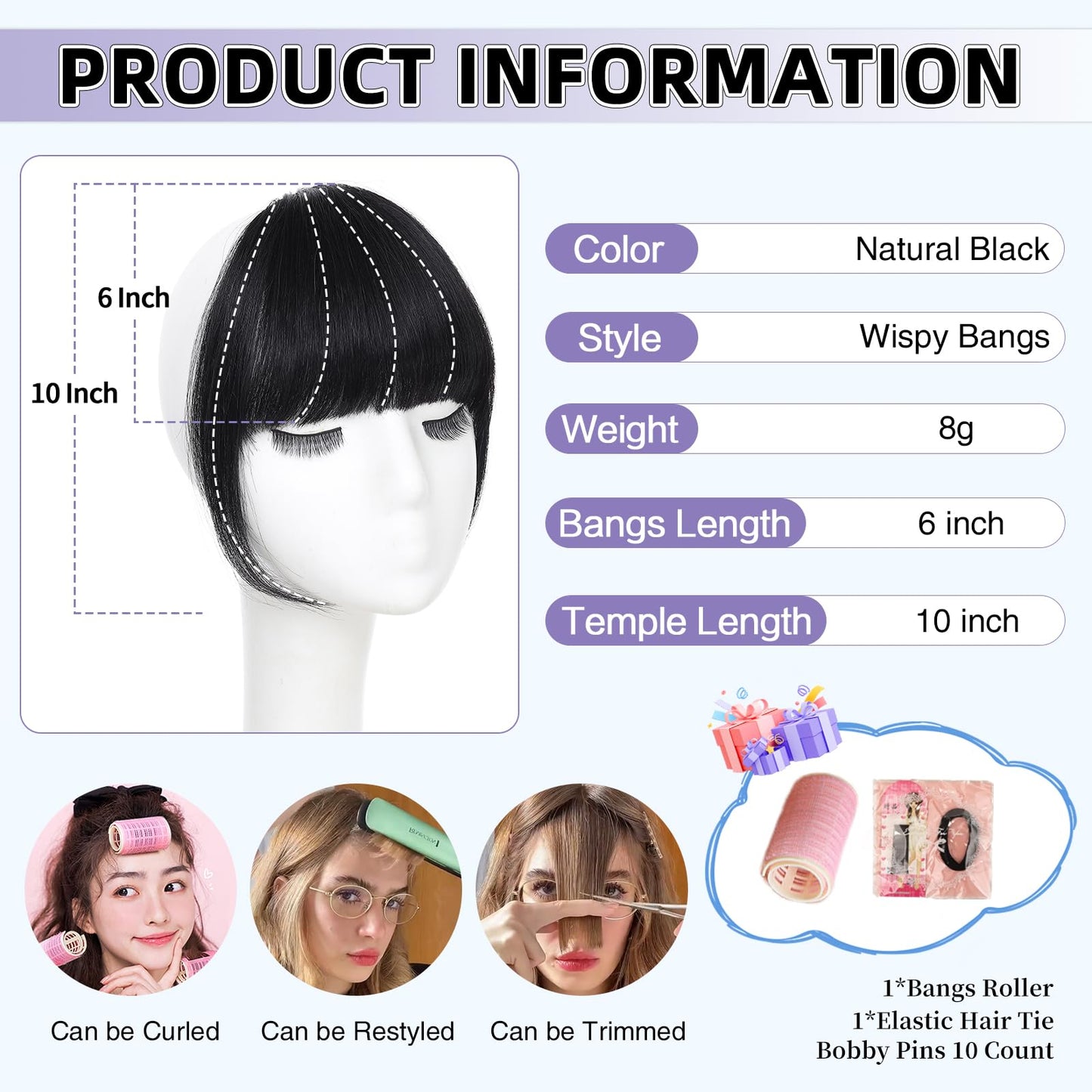 Niceone Hair Wispy Bangs Hair Clip, 100% Human Hair Clip In Natural Black Bangs for Women, Soft Layered Fake Bangs with Feathered Fringe, Easy Clip-On Design for Daily Wear & Halloween