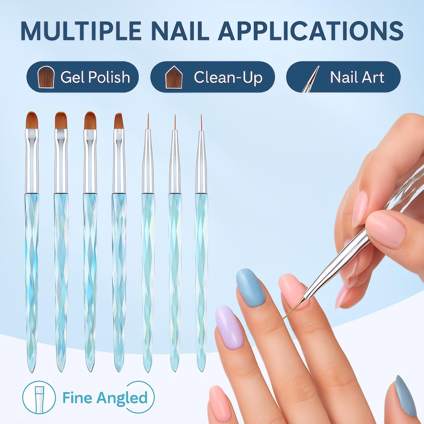 9pcs Crystal Nail Art Brush Set – Acrylic Gel Brushes for Nail Design, Liner & Flat Tips, Iridescent Handle, Professional Manicure Tool Kit for DIY or Salon Use