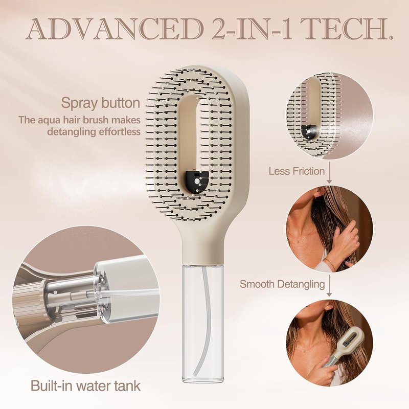 Thick & Long Hair Brush with Water Spray | 2-in-1 Detangling Tool for Curly Hair, Reduces Breakage & Frizz - Khaki