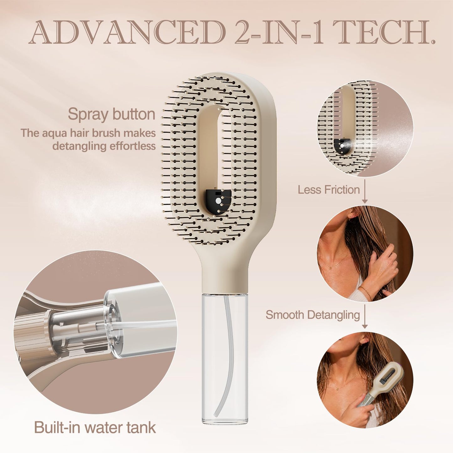 Beige Hair Brush with Water Spray, Premium Fine Mist Detangling Tool for Women, Wet & Dry Styling for Thick Long Hair, Elegant Everyday Hair Care Solution(1, Khaki)