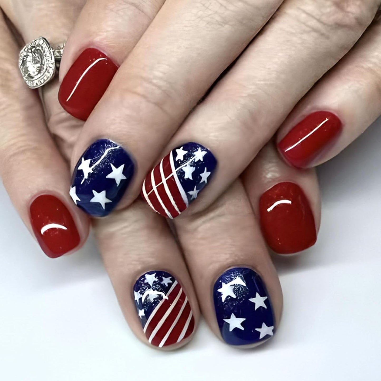 Press On Nails - Short Oval French Tip Design | Glossy Pink with Stars & American Flag - 24 Pcs