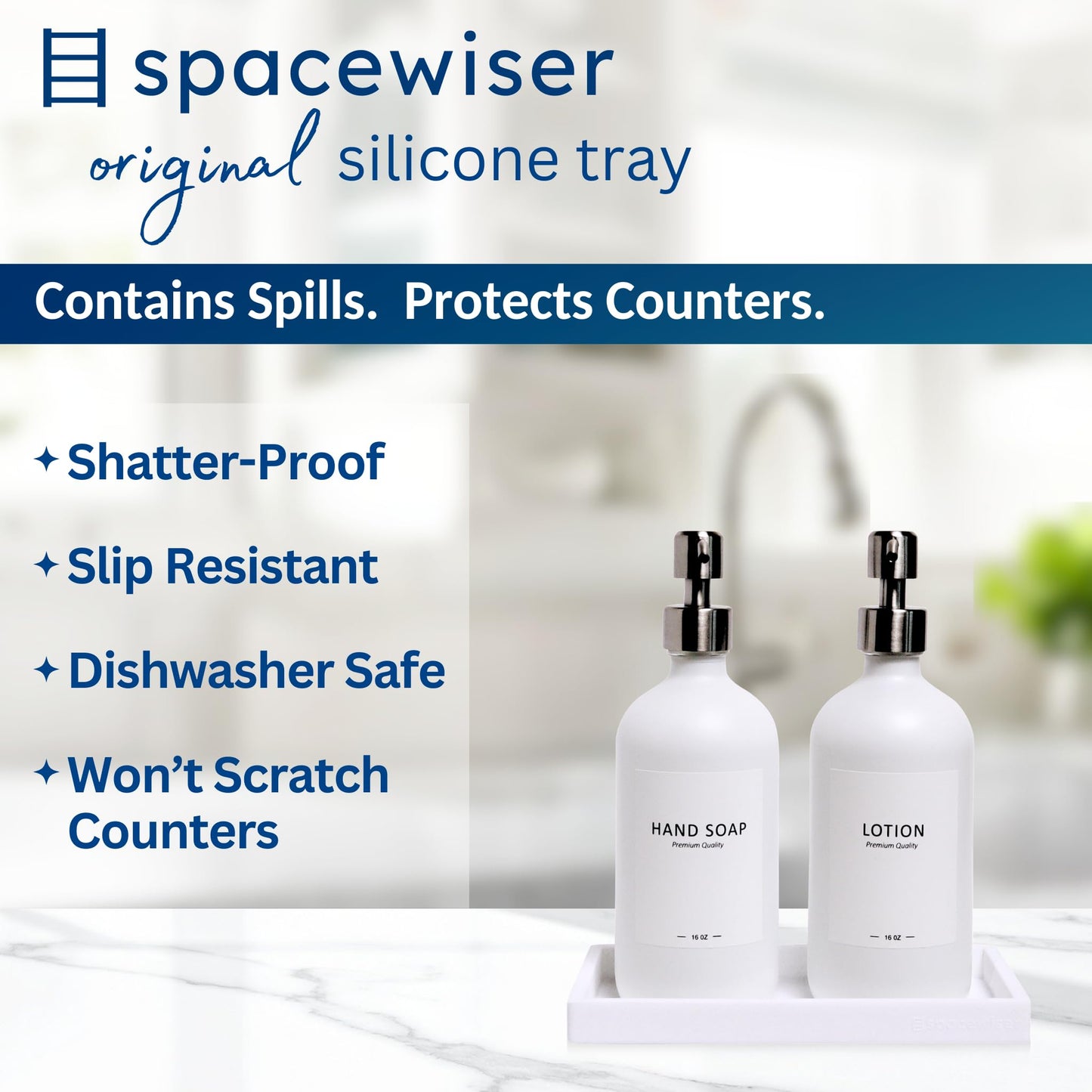 Spacewiser Countertop and Vanity Tray - Small 7.7” Silicone Tray for Soap Dispenser, Bathroom Trays, Dish Soap Trays for Kitchen Counter, Sink Caddy Sinks Organizer, Soaps Dish & Sponge Holder, White