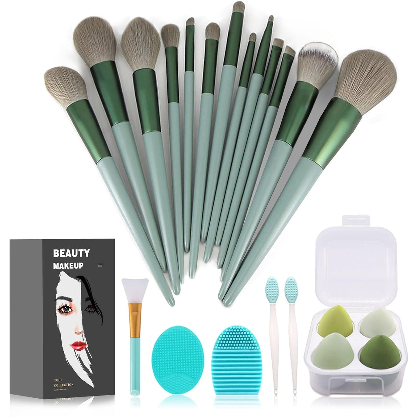 Makeup Brushes Set - 22 Pcs Professional Kit with Foundation & Eyeshadow Brushes | Green