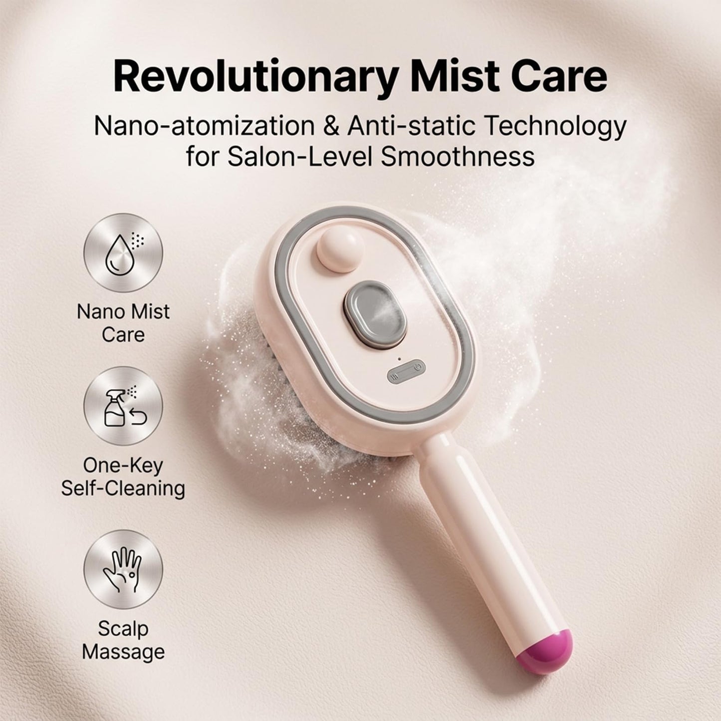 Electric Spray Hair Brush with 10ML Refillable Water Tank, Electric Spray Air Cushion Massage Comb with Red Light Scalp Care, Retractable Detangling Steam Brush for Hair and Frizz Control (Off-white)