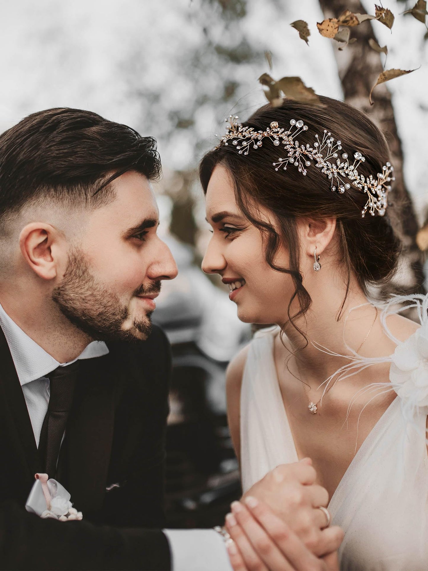 SWEETV Crystal Bridal Headpieces for Brides Rose Gold Wedding Hair Accessories Bride Headband Pearl Hair Vine Rhinestone Hair Pieces for Women