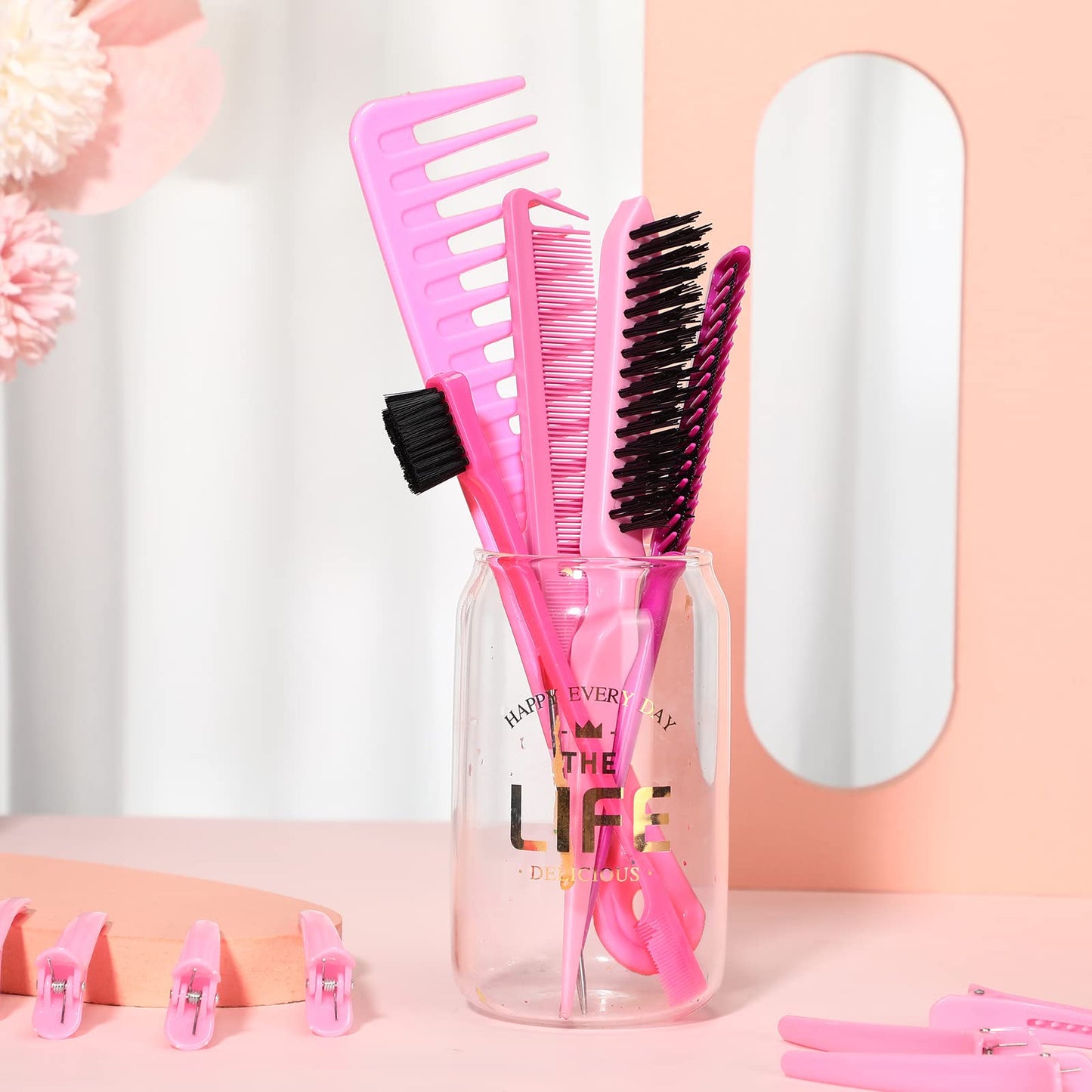 Nuenen 15 Piece Nylon Comb Set for Grooming Salon with Boar Bristle Brush Fluffy Brush Rat Tail Comb Triple Teasing Scrub Dual Edge Scrub and 10 Duckbill Clips for Women(Pink and Black)