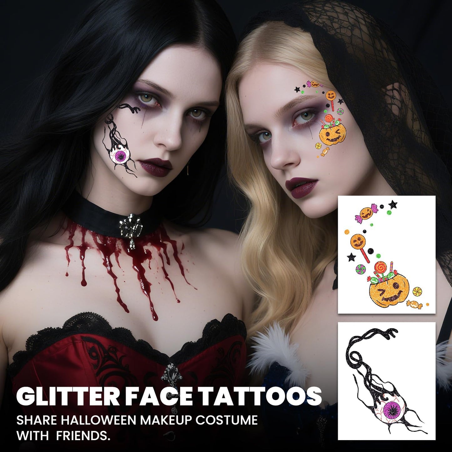 EMOME Halloween Decorations, Halloween Glitter Faux Freckles Face Tattoos with Black Orange Purple Face Gems, Halloween Rave Accessories Face Paint Makeup Kit for Women, Party Supplies
