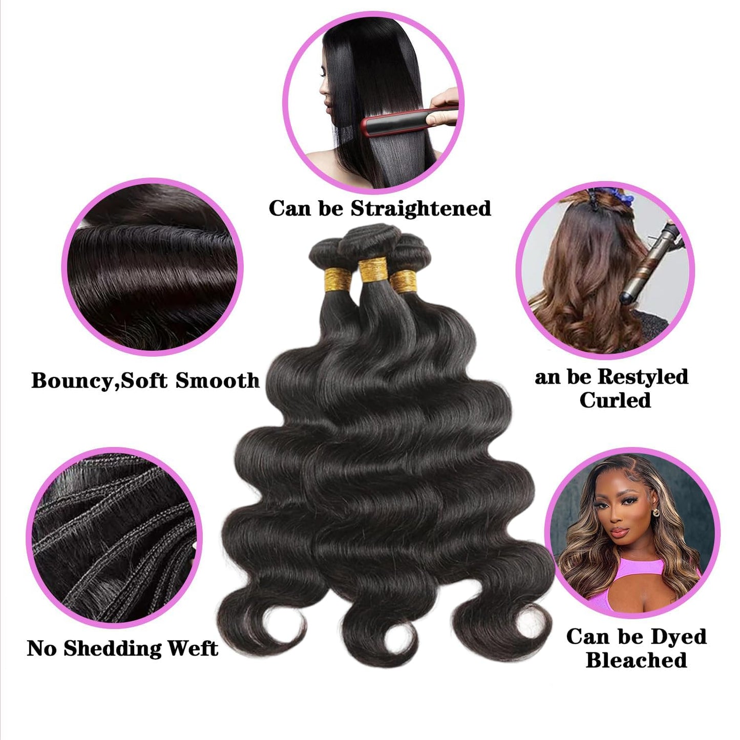 Human Hair Bundles Body Wave Human Hair Weave 3 Bundles 16 18 20 Inch 100% Unprocessed Brazilian Virgin Human Hair Extensions Quick Weave for Black Women Natural Black