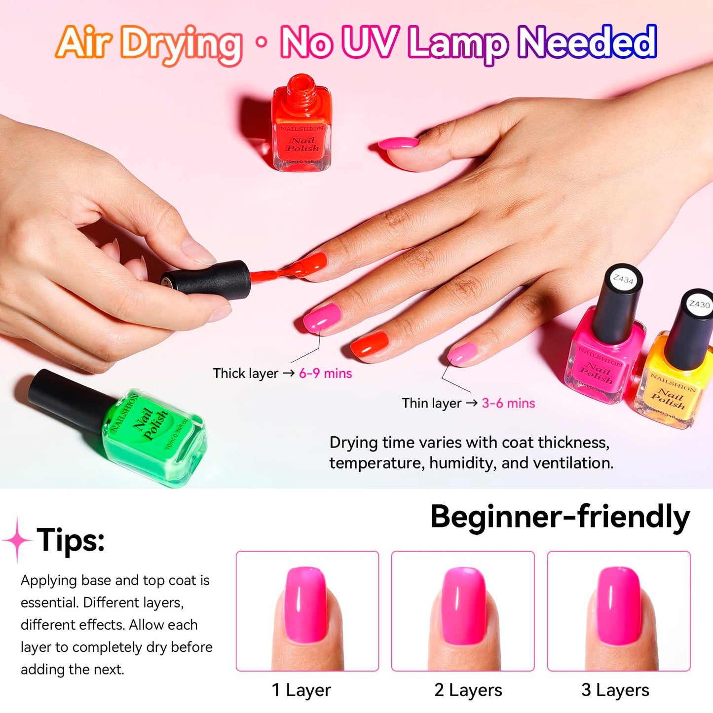 Nailshion Neon Nail Polish Set: 12 Colors Bright Summer Nails Hot Pink Red Orange Blue Rainbow Nail Polish, Glossy Finish | Air Quick Dry Non Gel, Streak-free Salon Home DIY Nail Art Gift for Women
