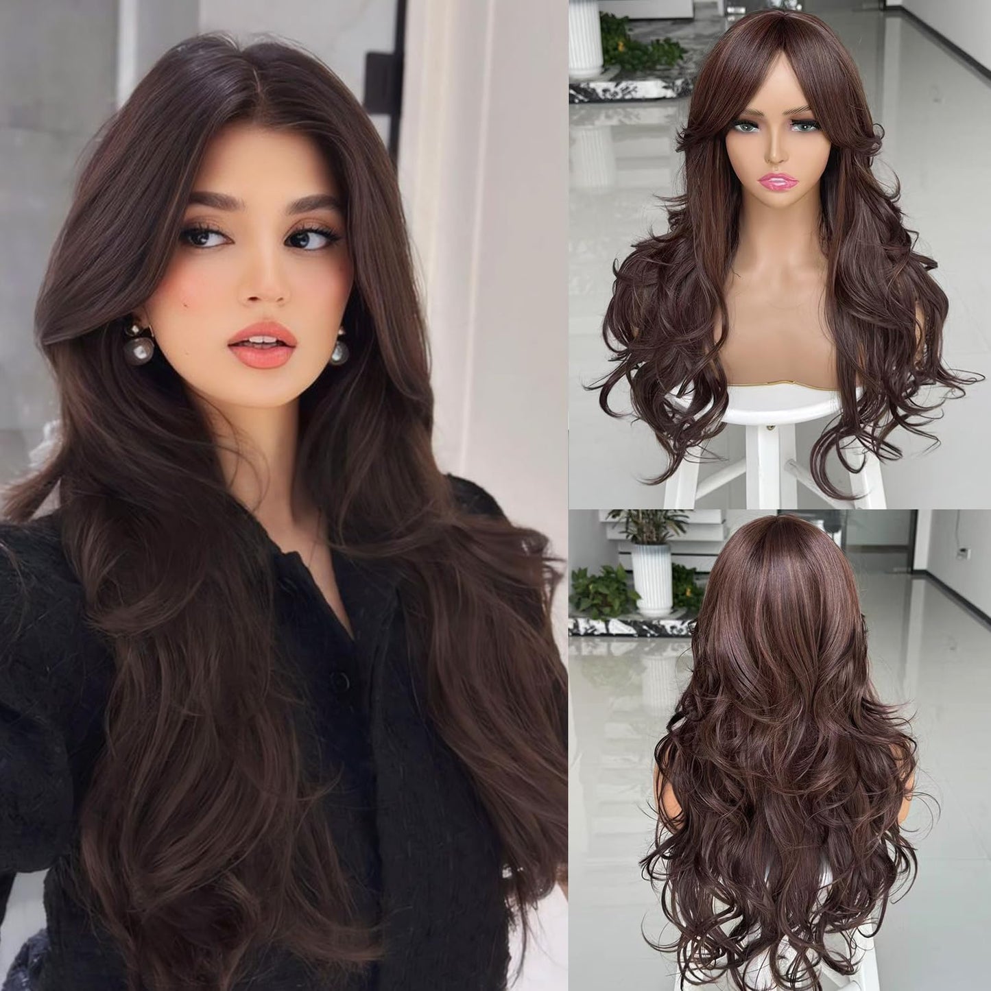 Long Black Wavy Wig for Women - Layered Synthetic Hair with Curtain Bangs | 24-Inch Natural Look