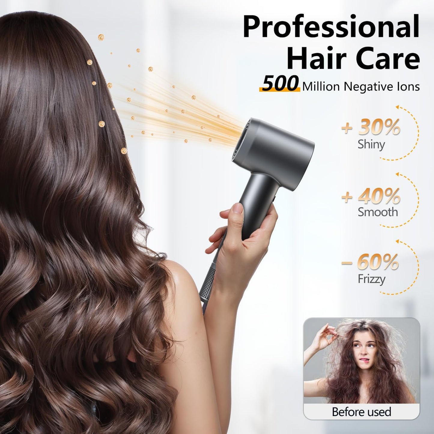 Fast Drying Hair Dryer - High-Speed Blow Dryer with 500 Million Negative Ions | Lightweight, Low Noise, Professional with Diffuser & Nozzle, Gunmetal