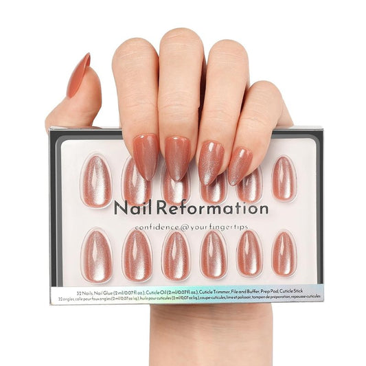 Amber Gold Short Almond Press On Nails - Cat Eye Velvet Finish | 16 Sizes, Reusable Opaque Stick On Nails, 32 Nail Kit with Glue