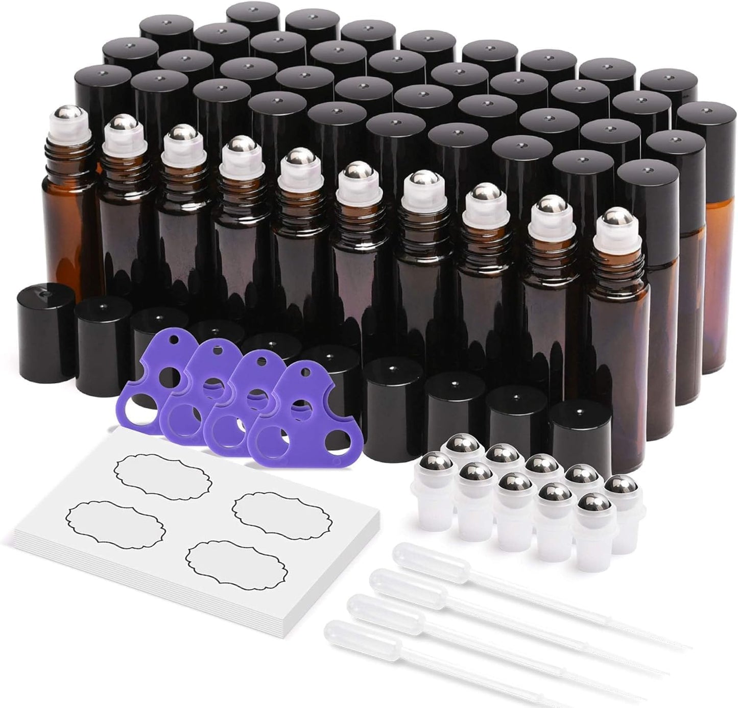 Essential Oil Roller Bottles - 48-Pack 10ml Amber Glass with Stainless Steel Roller Balls | Waterproof Labels