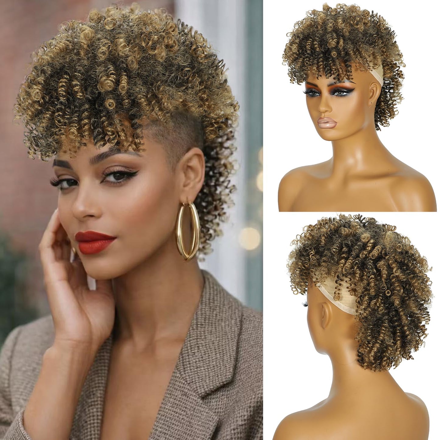 Kinky Curly Mohawk Wig - Short Grey Ponytail with Bangs | Fluffy Synthetic Clip-On Hair 1B/Grey