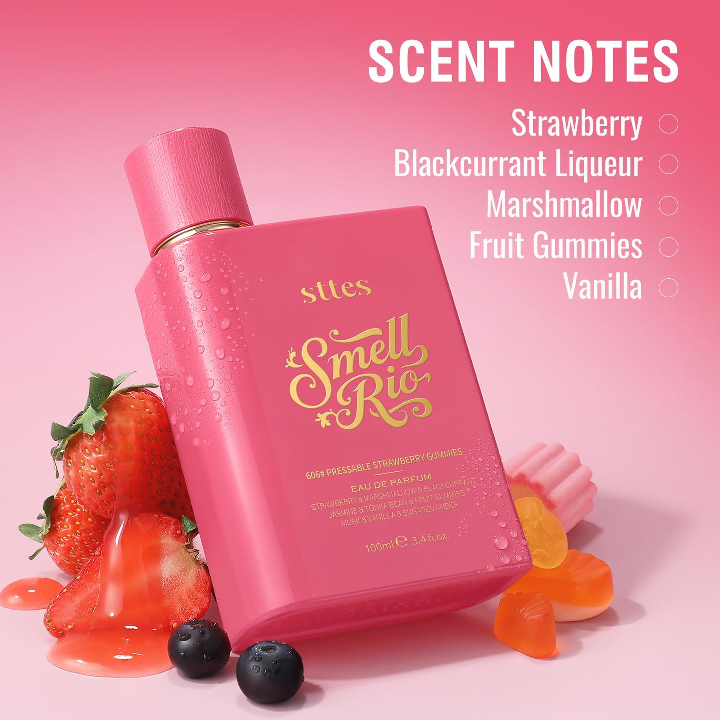 Sttes Smell Rio Perfume 606# (Pressable Strawberry Gummies) Hair Perfume for Women – Long-Lasting Strawberry, Candy, Vanilla & Marshmallow Gourmand Fragrance Eau de Parfum 100ml (3.4 fl oz)