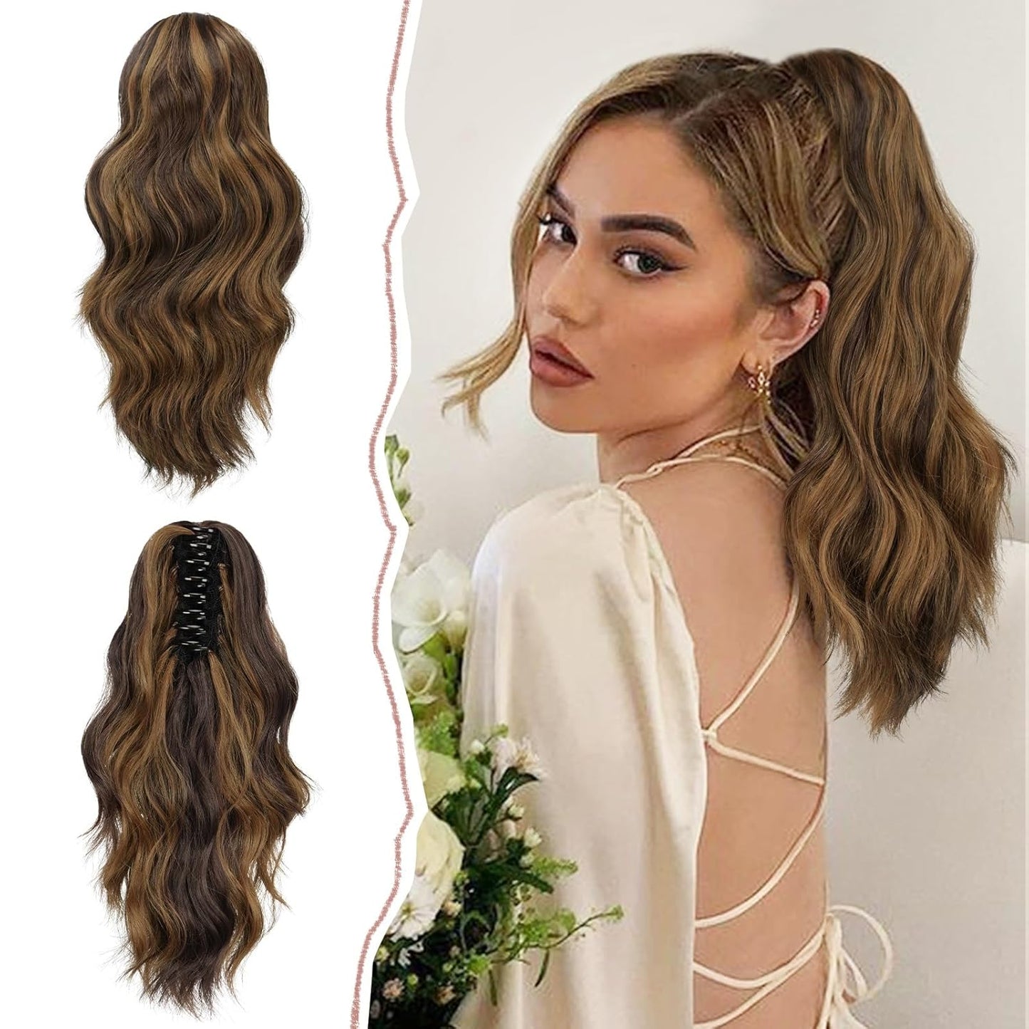 Ponytail Extension - Short Wavy Claw Clip-In Synthetic Hairpiece | Black Layered Curly Drawstring for Women