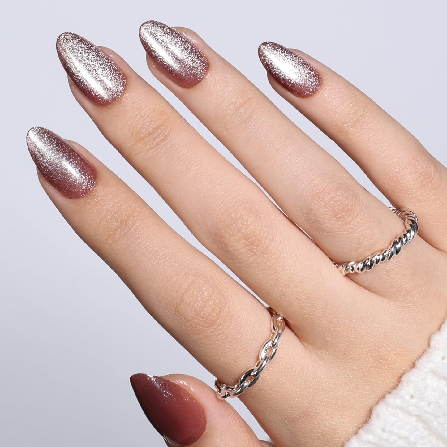Red Cat Eye Press On Nails - Almond Short Reusable Fake Nails | 32pcs in 16 Sizes, Garnet Color