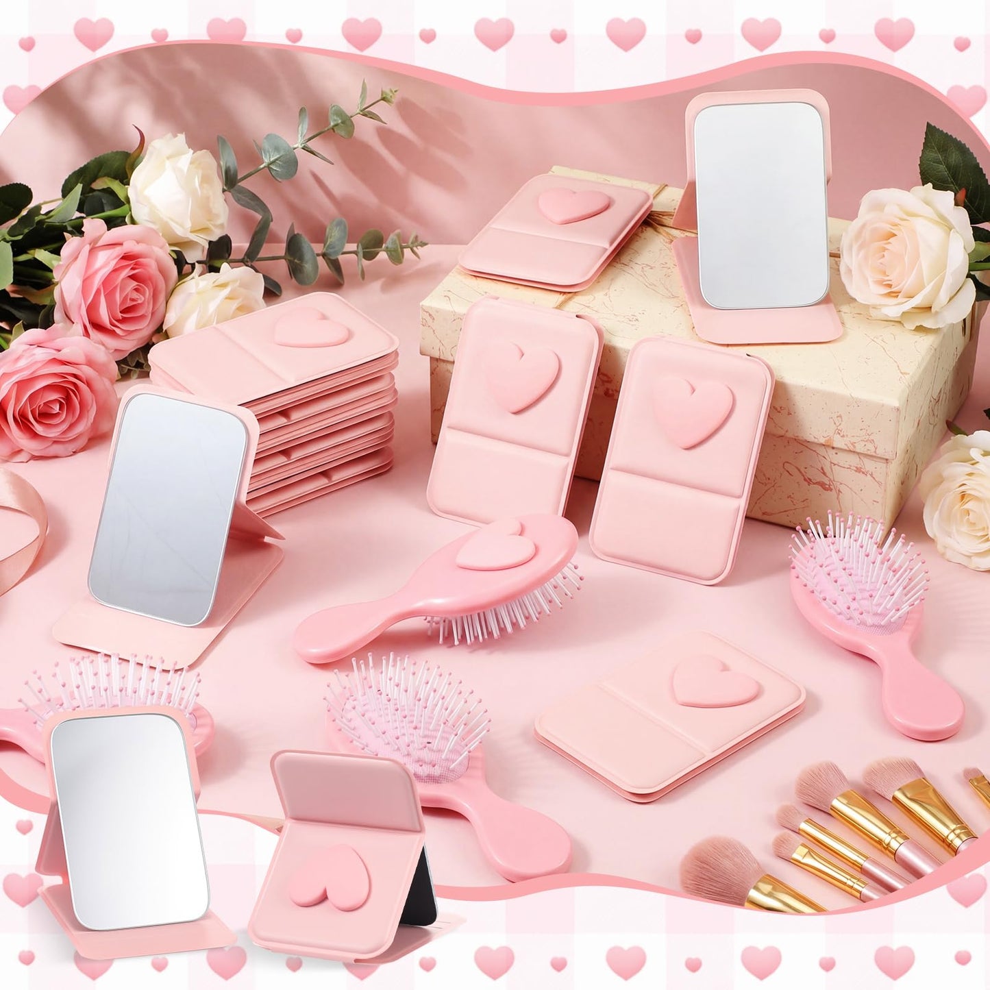 Amyhill 30 Pcs Coquette Heart Party Favor Compact Mirror Mini Hair Brush Travel Detangling Brush Bulk Preppy Heart Gift for Women Birthday Bridal Shower Bachelorette Graduation Party Supplies(Pink)