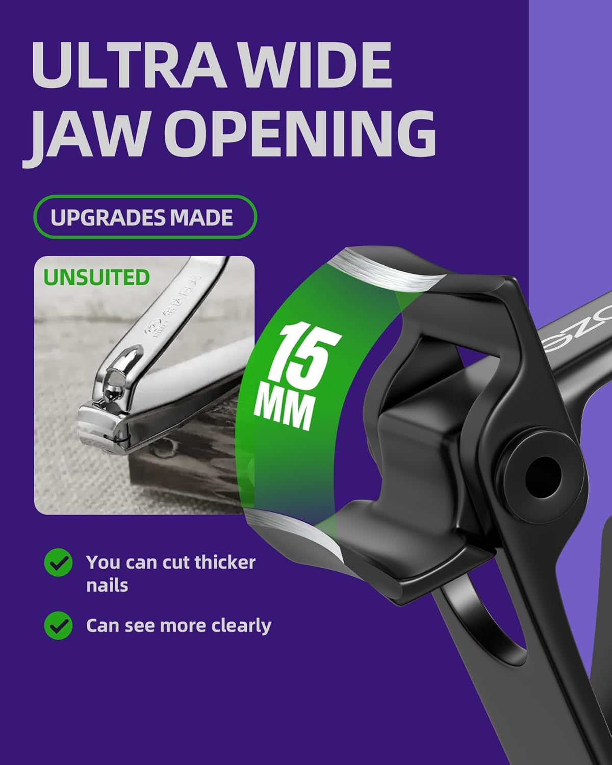 Ultra Wide Jaw Nail Clippers Set - Heavy Duty Stainless Steel Toenail Clippers for Thick Nails | Ideal for Seniors & Adults (Black)
