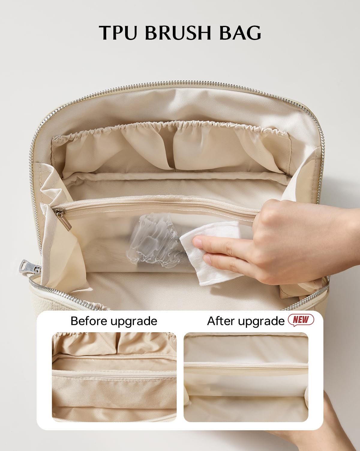 EACHY Travel Makeup Bag, Lychee Leather Large Capacity Cosmetic Bag for Women, Open Flat Toiletry Bag with TPU Brush Compartment, Waterproof Skincare Organizer Travel Essentials