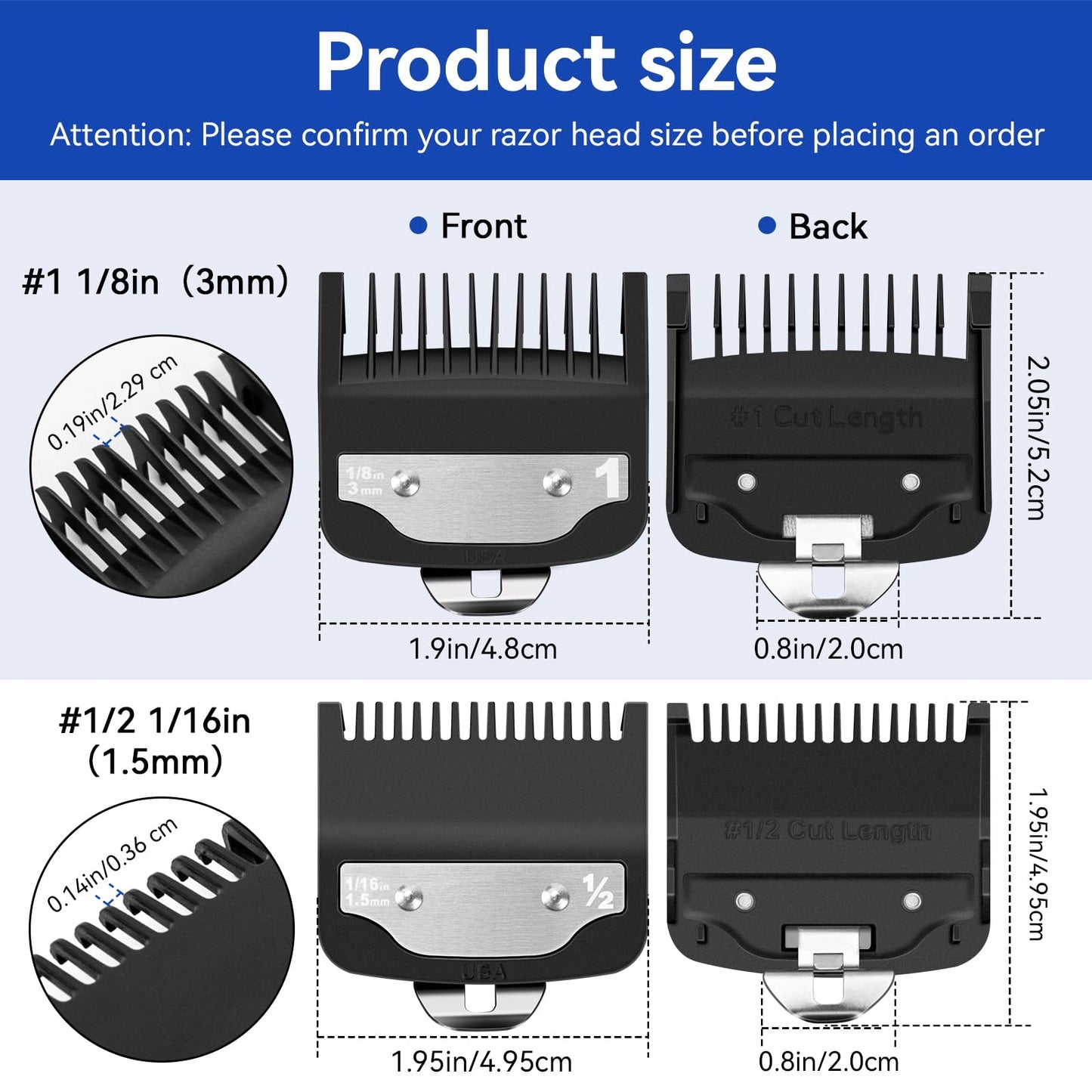 Replacement for Wahl Clipper Guards Set, Compatible with Wahl 1/2 Clipper Guard,1 Clipper Guard, Hair Clipper Guards1/8 (3mm),1/16" (1.5 mm) for Professional Stylists and Barbers, 2 PCS