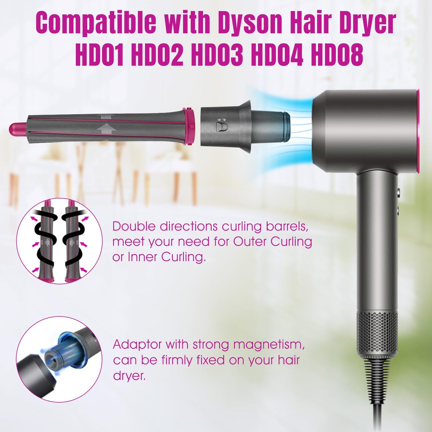 1.2 Inch/30MM Long Hair Curling Iron Barrels for Dyson Airwrap HS01 HS05 Attachment Parts Hair Tool, with Adaptor for Dyson Hair Dryer Converting to Airwrap Styler, 1 Pair
