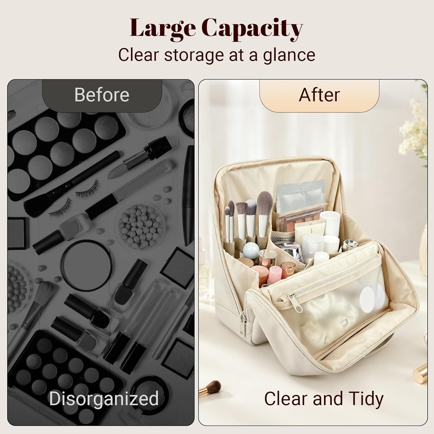 Large Waterproof Makeup Bag for Women - Foldable Cosmetic Organizer with Compartments & Detachable Dividers | Cream White