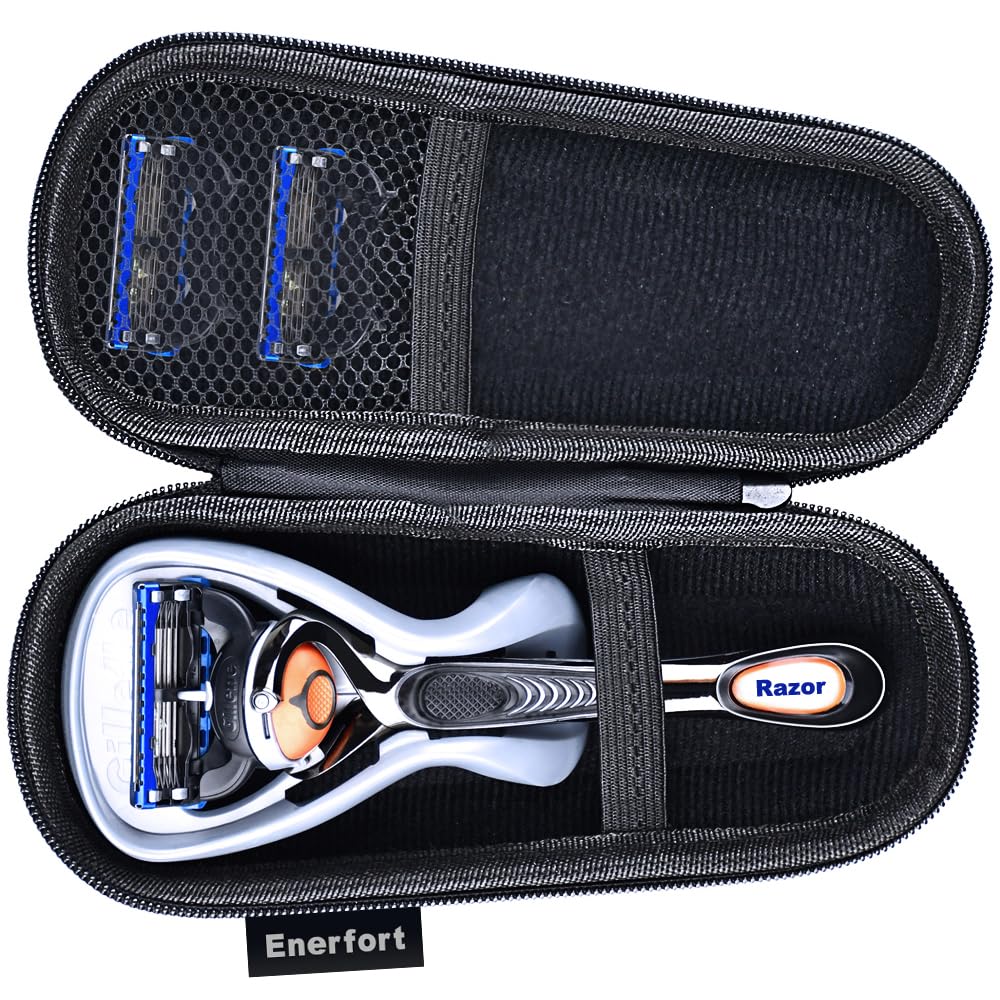 Enerfort Hard EVA Razor Travel Case Compatible with Gillette Men's Razor - Mesh Pocket for 2 Razor Blades + Lightweight Carrying Handle + Durable Zipper (Only Case)