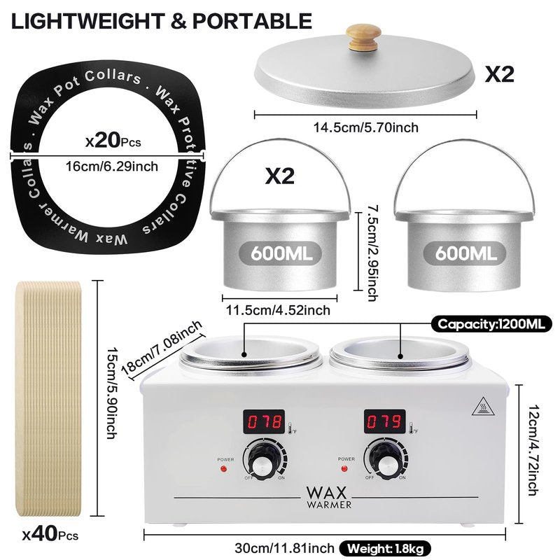 Portable Wax Warmer Machine for Painless Hair Removal, Women Men Professional Wax Heater with Adjustable Temperature Set, 20pcs Sticks (White - Double Pots-Digital)