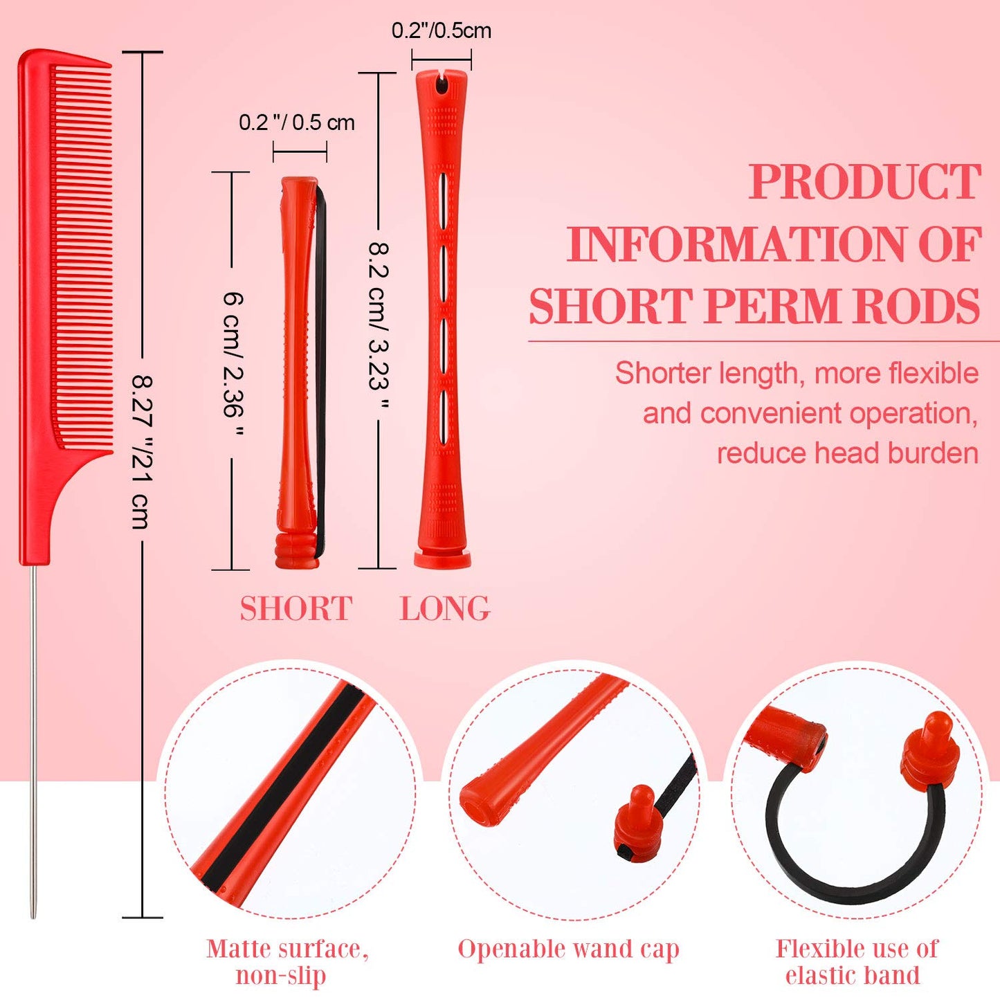 Hair Perm Rods - 48 Pieces Plastic Cold Wave Curling Rollers with Steel Pintail Comb | 0.2 Inch, Red