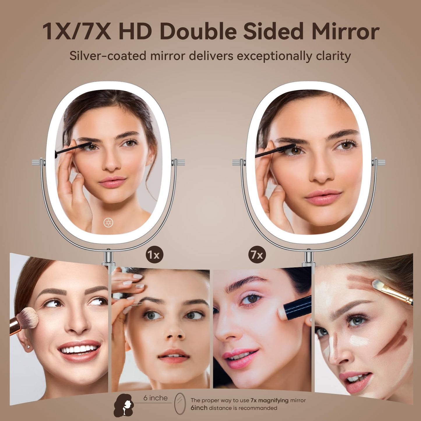 9″ Lighted Makeup Mirror with Magnification, Height Adjustable Vanity Mirror, Rechargeable Makeup Mirror with Lights- 3 Modes, 360° Swivel Double Sided 7x Magnifying Mirror, Mothers Day Gifts for Mom