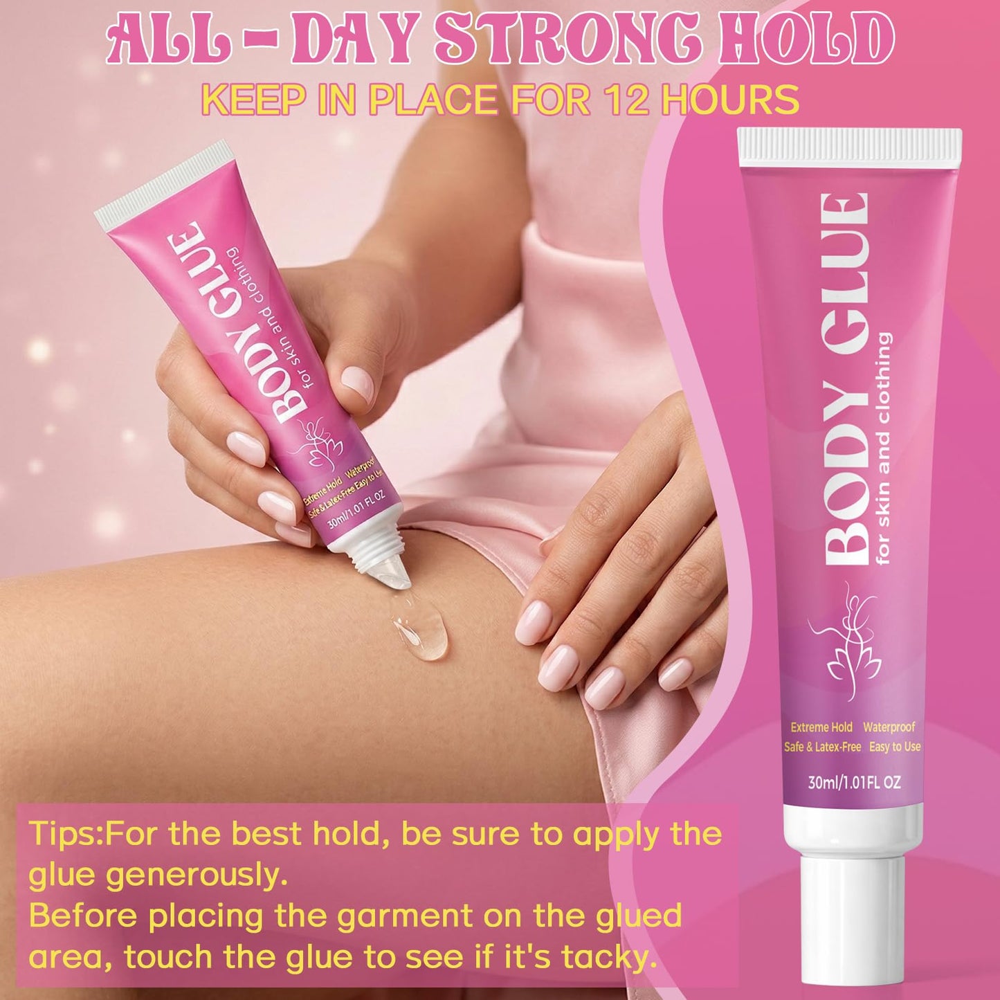 Body Glue for Clothes & Skin, Clear Body Adhesive, Strong Fashion Glue, Sweat Resistant, Water Wash Off For Dancers, Socks, Leotards, Bras, Wigs, Costumes, Hold All-Day 30 ML