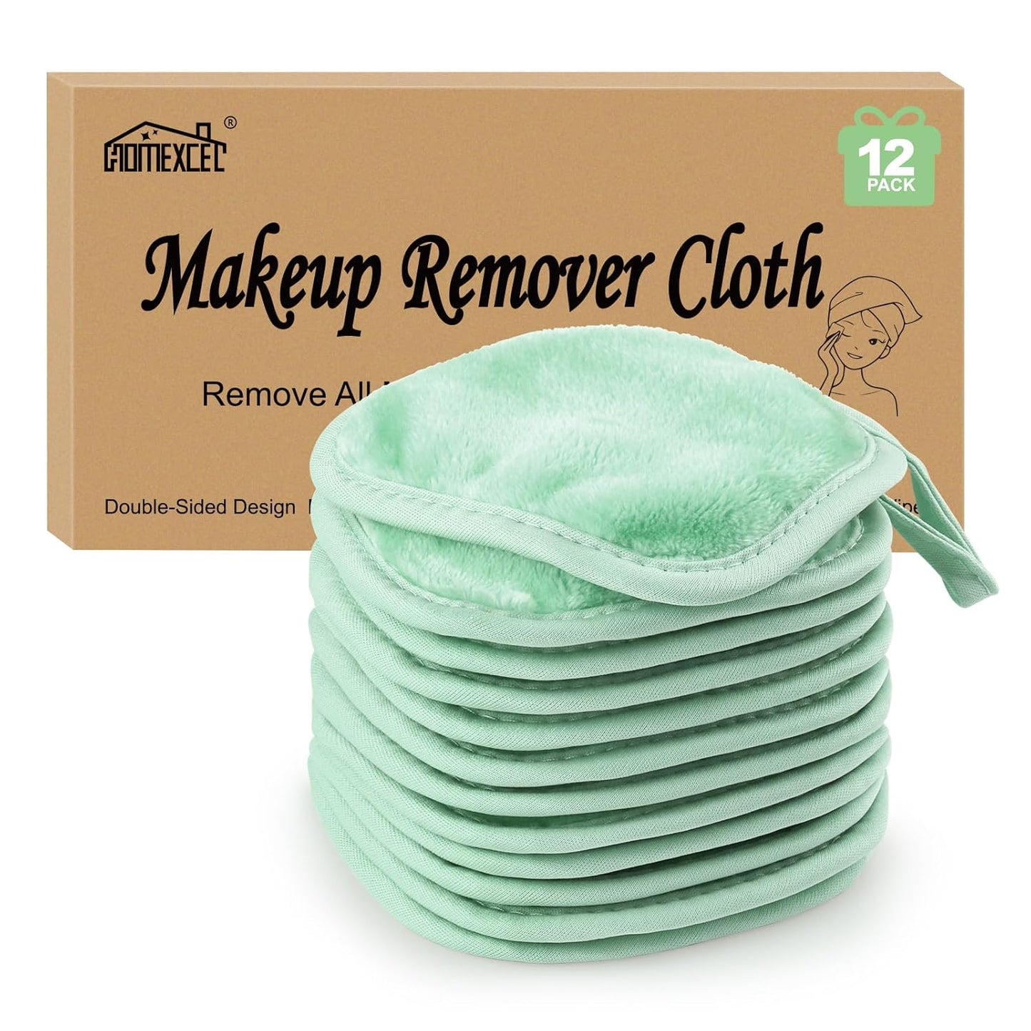 Makeup Remover Cloths - Reusable Ultra Soft Facial Cleansing Pads | 12 Count, 5x5 In, Green