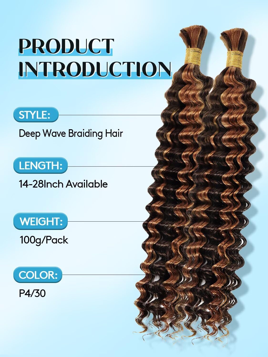 Unprocessed Human Hair for Braiding - #4/30 Brown & Auburn Highlights | 24 Inch, 100g, 2 Bundles